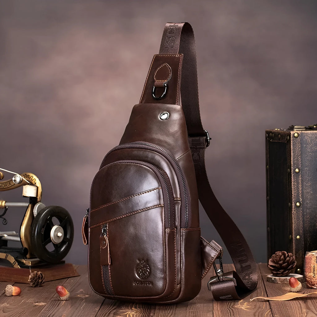Men's retro messenger bag in brown solid colour first layer cowhide with sewing thread detailing