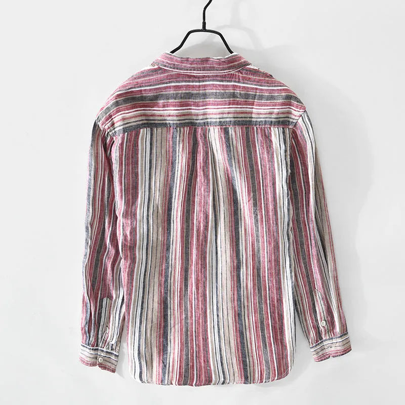 Men's striped linen casual shirt with long sleeves shown in loose fit grey and red colour options