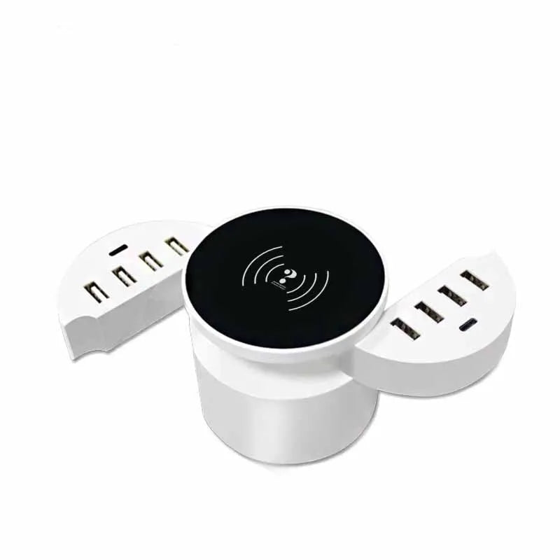 Circular white multi-port wireless charger with USB ports and international plug adapters