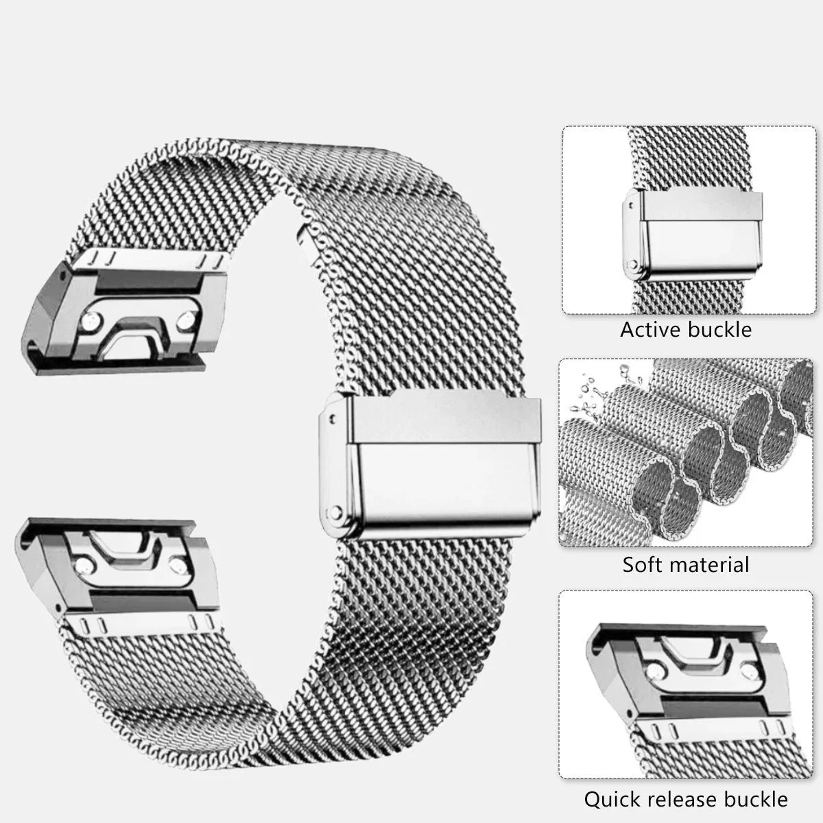 Silver stainless steel smartwatch strap for Garmin Fenix watches, shown next to 20mm, 22mm, 26mm size indicators.