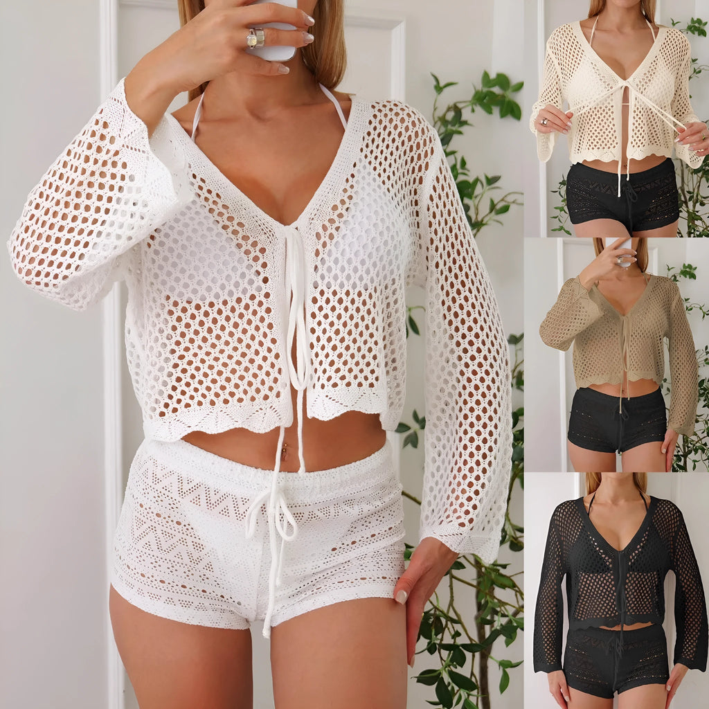 Short hollow woven cardigan blouse with bell sleeves in imitation cotton fabric