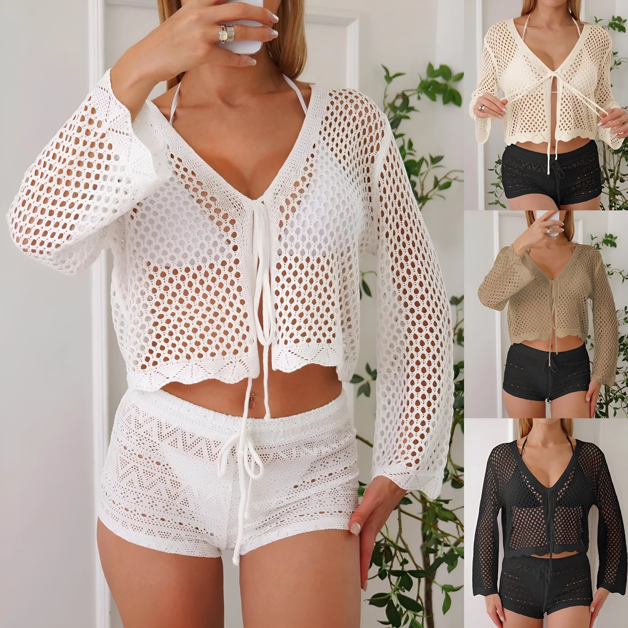 Short hollow woven cardigan blouse with bell sleeves in imitation cotton fabric