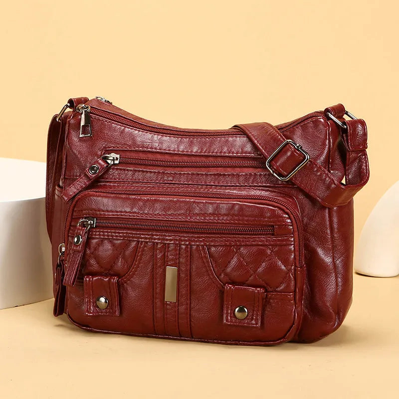 New washed PU shoulder messenger bag in horizontal square shape with three-dimensional pocket, 26x19x8cm