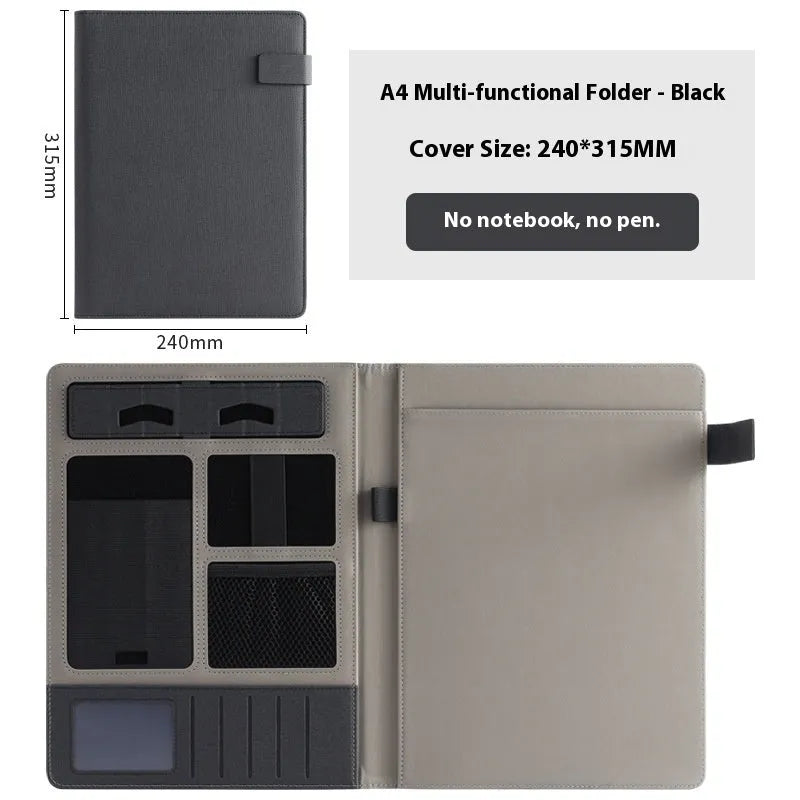 Leather A4 business folder in black, open to show interior with optional pen and notepad.