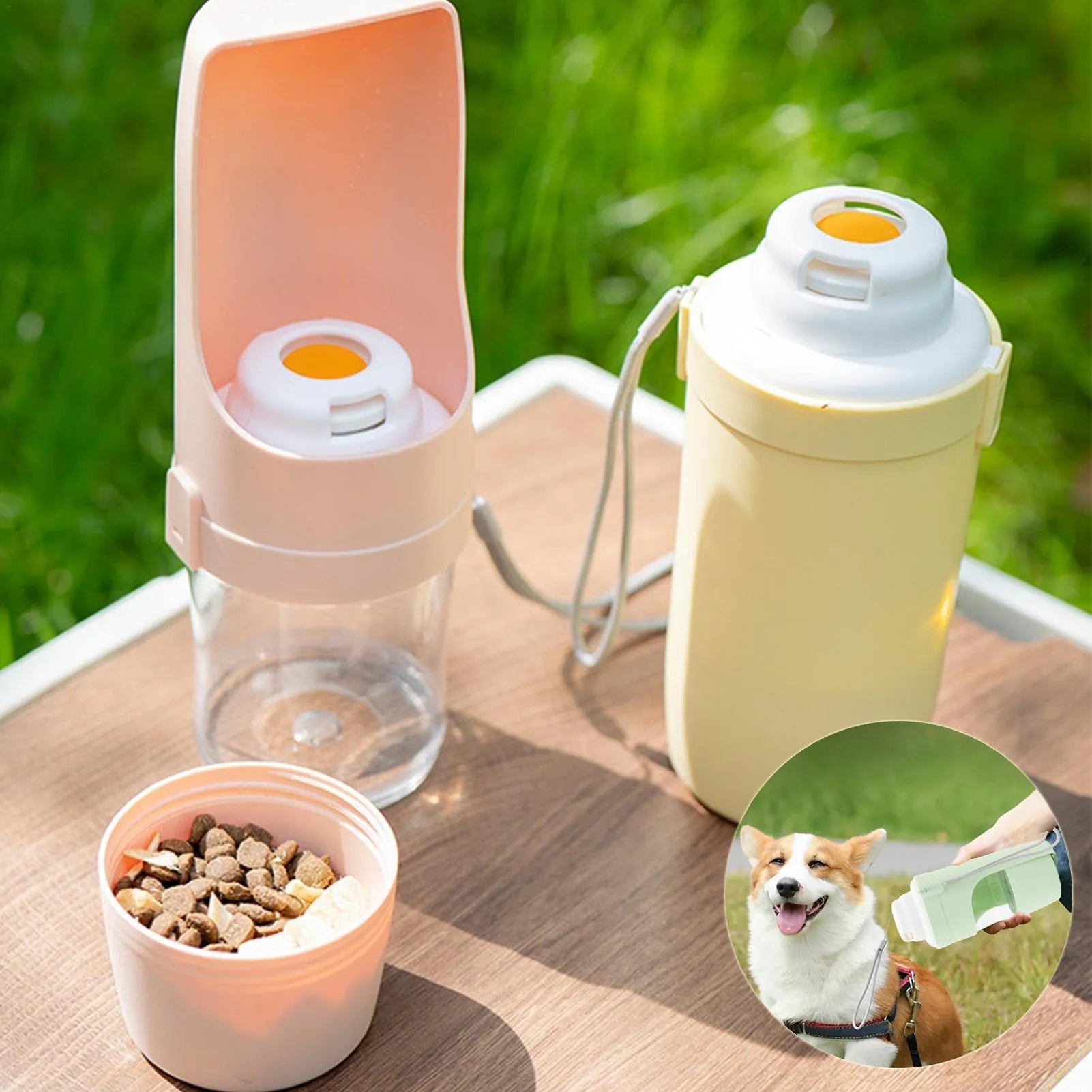 Green 2-in-1 travel dog water bottle and feeder with lanyard, folded to 20cm.