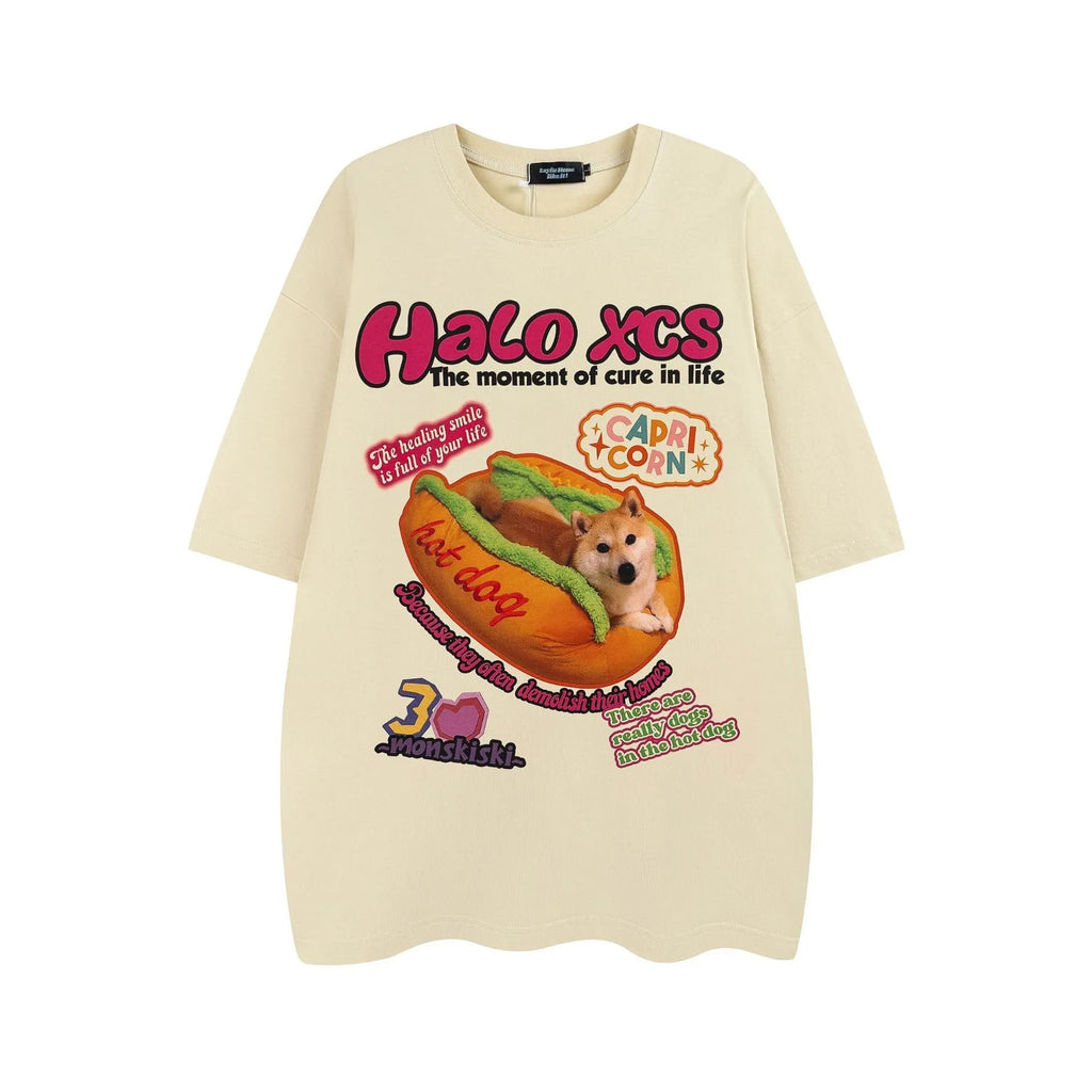 White cotton t-shirt with cartoon hamburger dog print, loose fit short sleeves for couple's casual wear