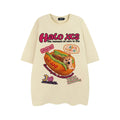 White cotton t-shirt with cartoon hamburger dog print, loose fit short sleeves for couple's casual wear