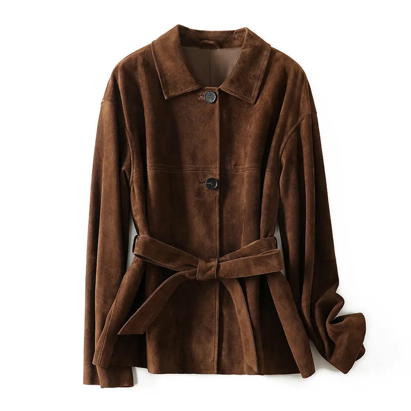 Yellow brown retro cashmere coat with a Peter Pan collar and leather stitching detail.