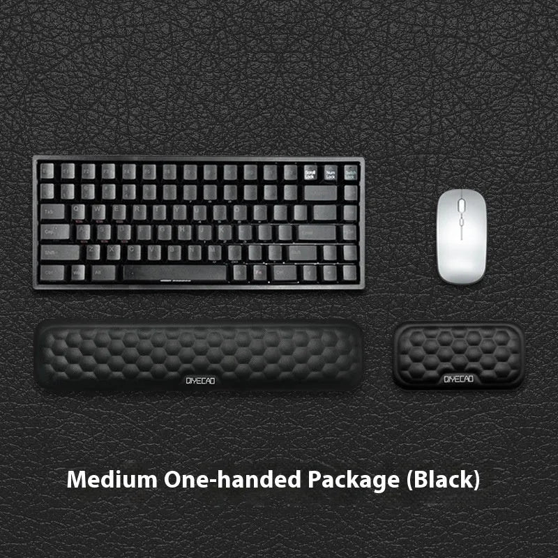 Grey and black memory foam mouse wrist pads with silicone bases, shown in cloth and leather cover options.