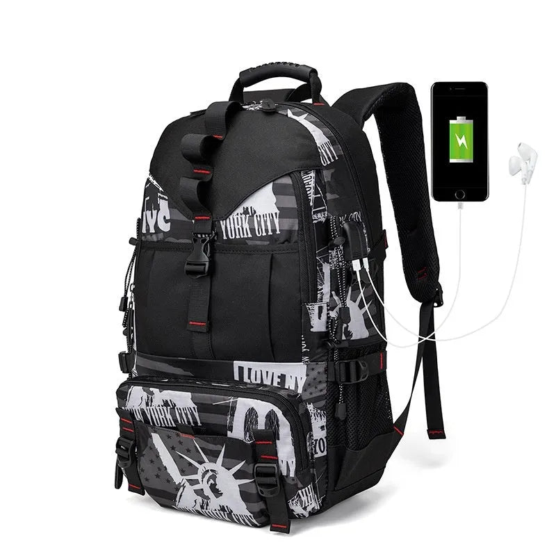 Men's large waterproof Oxford cloth hiking backpack in multiple colour options on a neutral background.