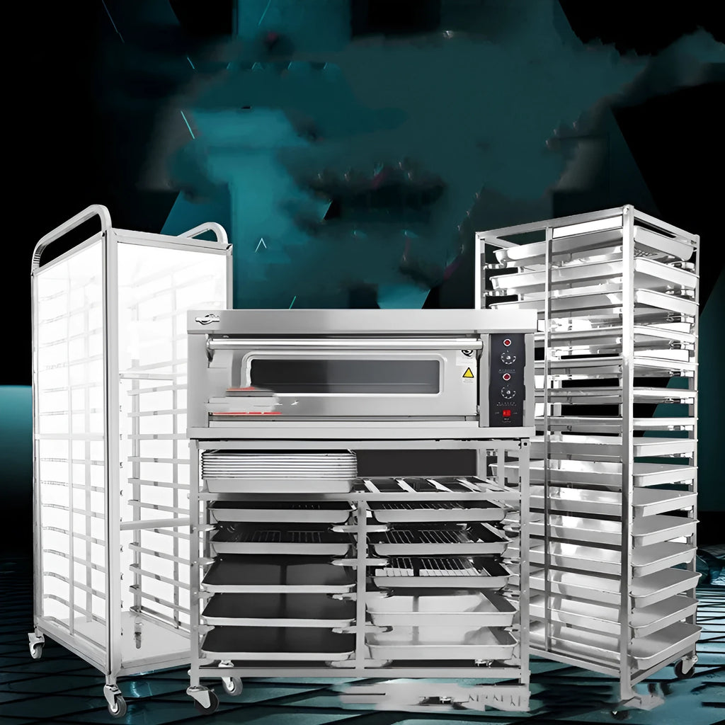 Stainless steel six-layer cake and bread cooling rack with a 40x60cm tray.