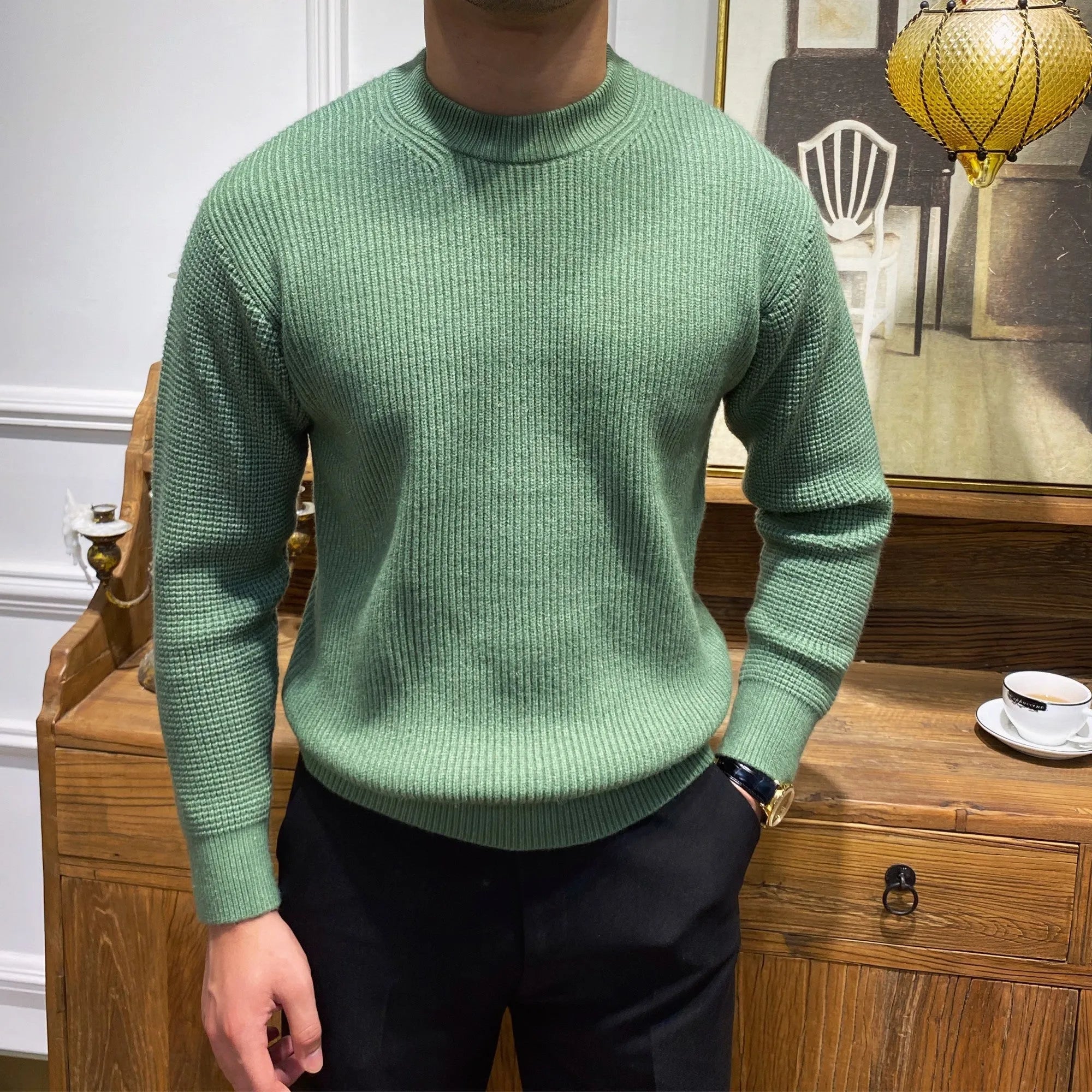 Men's warm knit sweater pullover in apricot, round neck, ribbed hem, acrylic blend, available in sizes M to 3XL