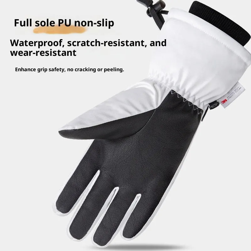 Pair of waterproof warm ski gloves with touch screen fingers and non-slip palm in black colour on white background