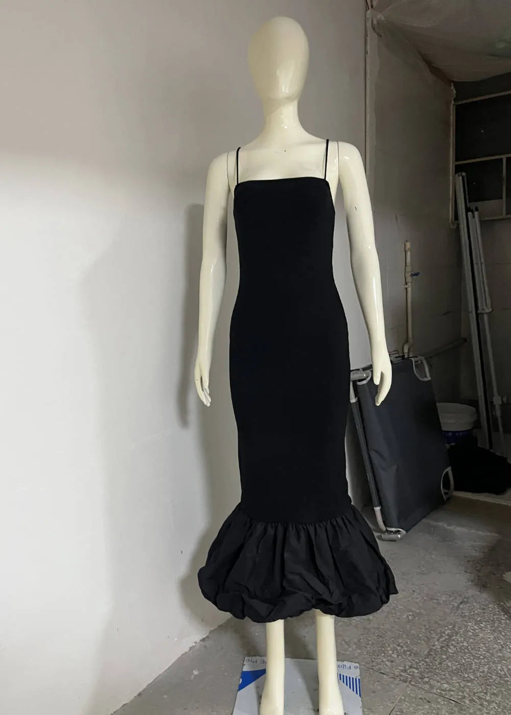 Women's black cotton knitted fishtail sling dress with high waist, sleeveless summer style