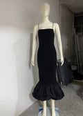 Women's black cotton knitted fishtail sling dress with high waist, sleeveless summer style