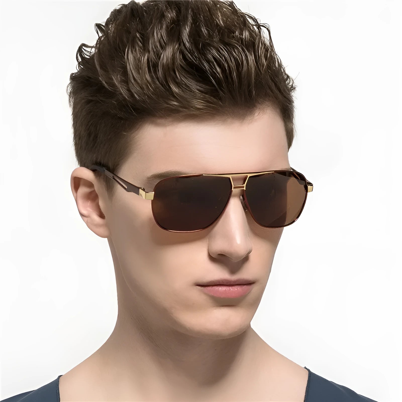 Men's polarised aviator sunglasses with orange-red lenses and metal frame