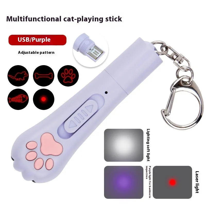 Infrared cat teasing wand with laser pointer and LED moonlight lamp showing pet footprints design