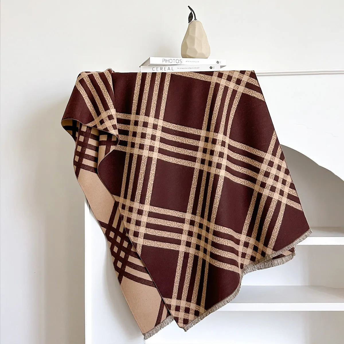 Mid-length cashmere-like scarf with tassels in brown colour showing 185cm length