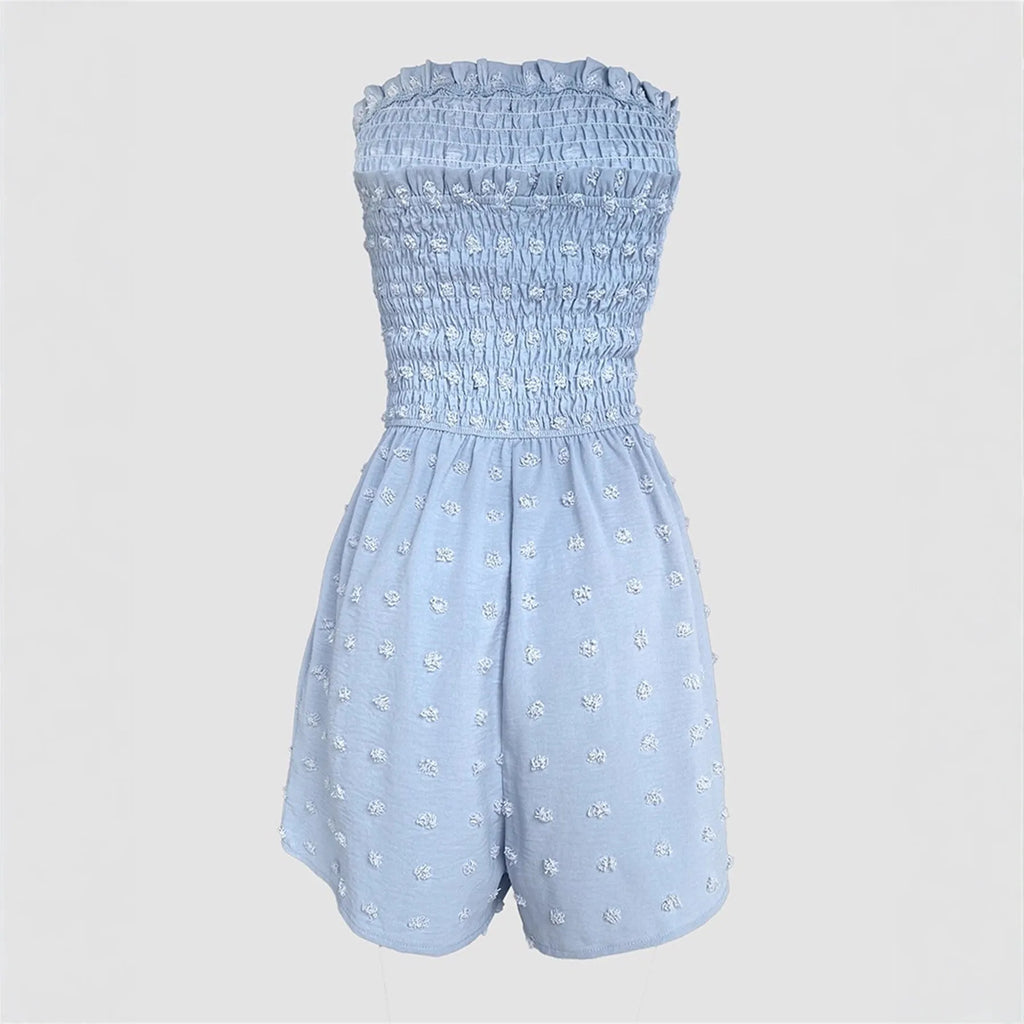 Women's off-shoulder sleeveless jumpsuit in blue solid colour with button detail