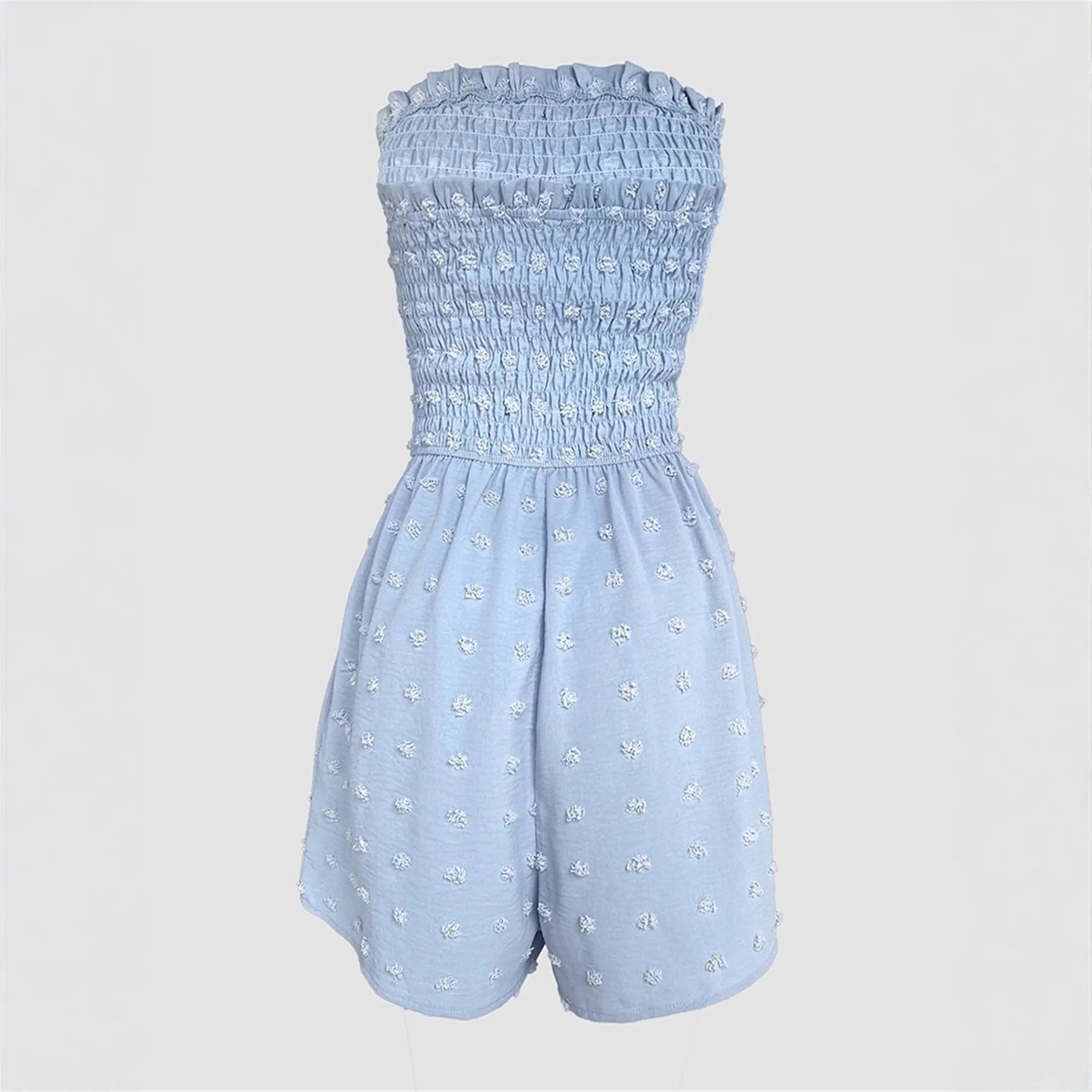 Women's off-shoulder sleeveless jumpsuit in blue solid colour with button detail