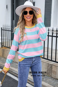 Women's loose fit long sleeve acrylic sweater in blue colour with striped pattern