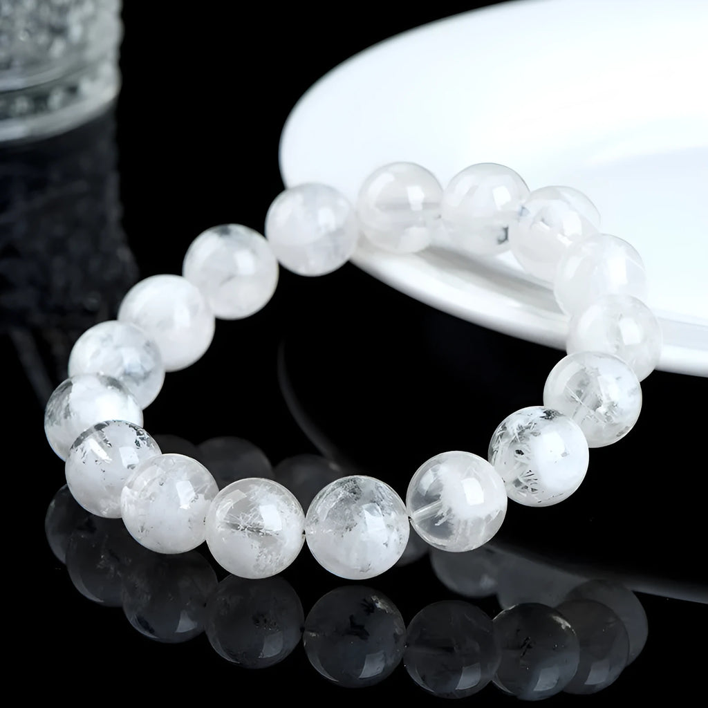 Women's crystal bracelet with natural blizzard snowflake round beads in geometric design with traditional elements