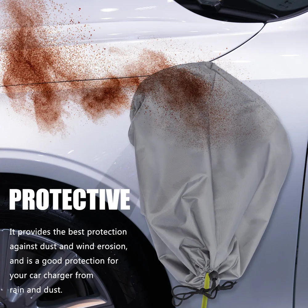 Grey umbrella cloth waterproof cover for electric car charging port with drawstring