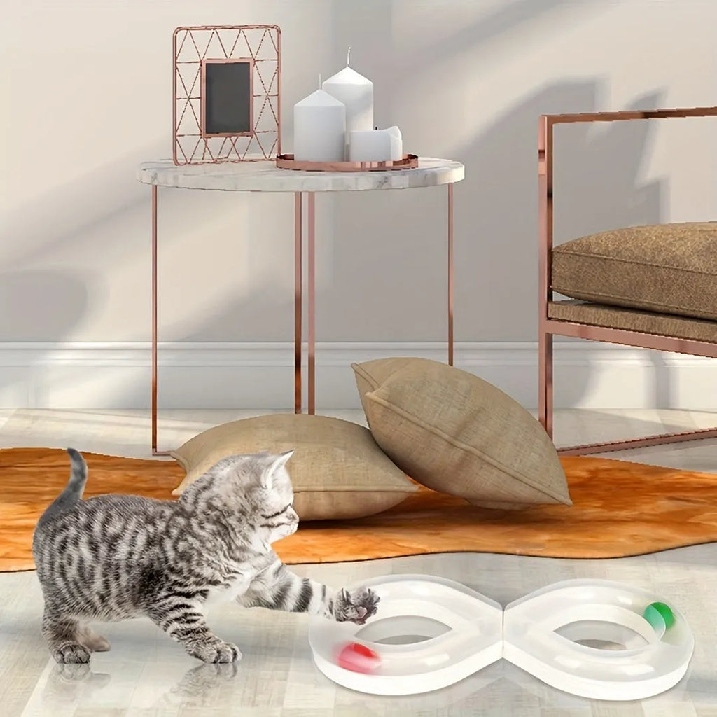 Blue and white cat turntable track toy with teasing stick for interactive play