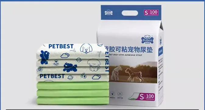 Pack of thickened dog urine pads showing adhesive backing and size comparison chart for S, M, L, and XL codes.