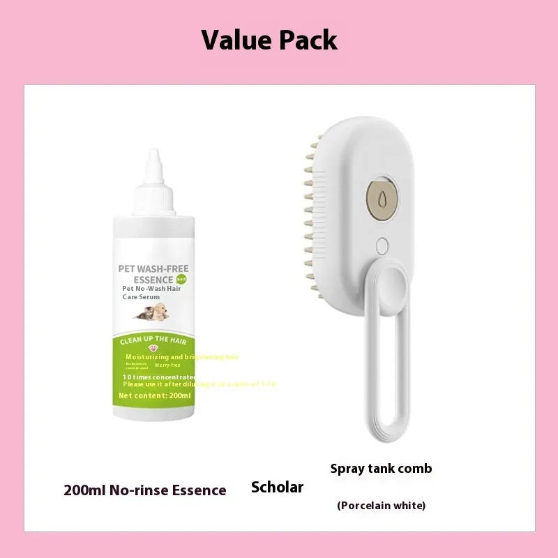 Dog grooming spray massage comb kit with wash-free essence bottle, shown in khaki colour.