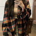 Women's loose fit plaid cotton shirt in black, green or purple colours with long sleeves