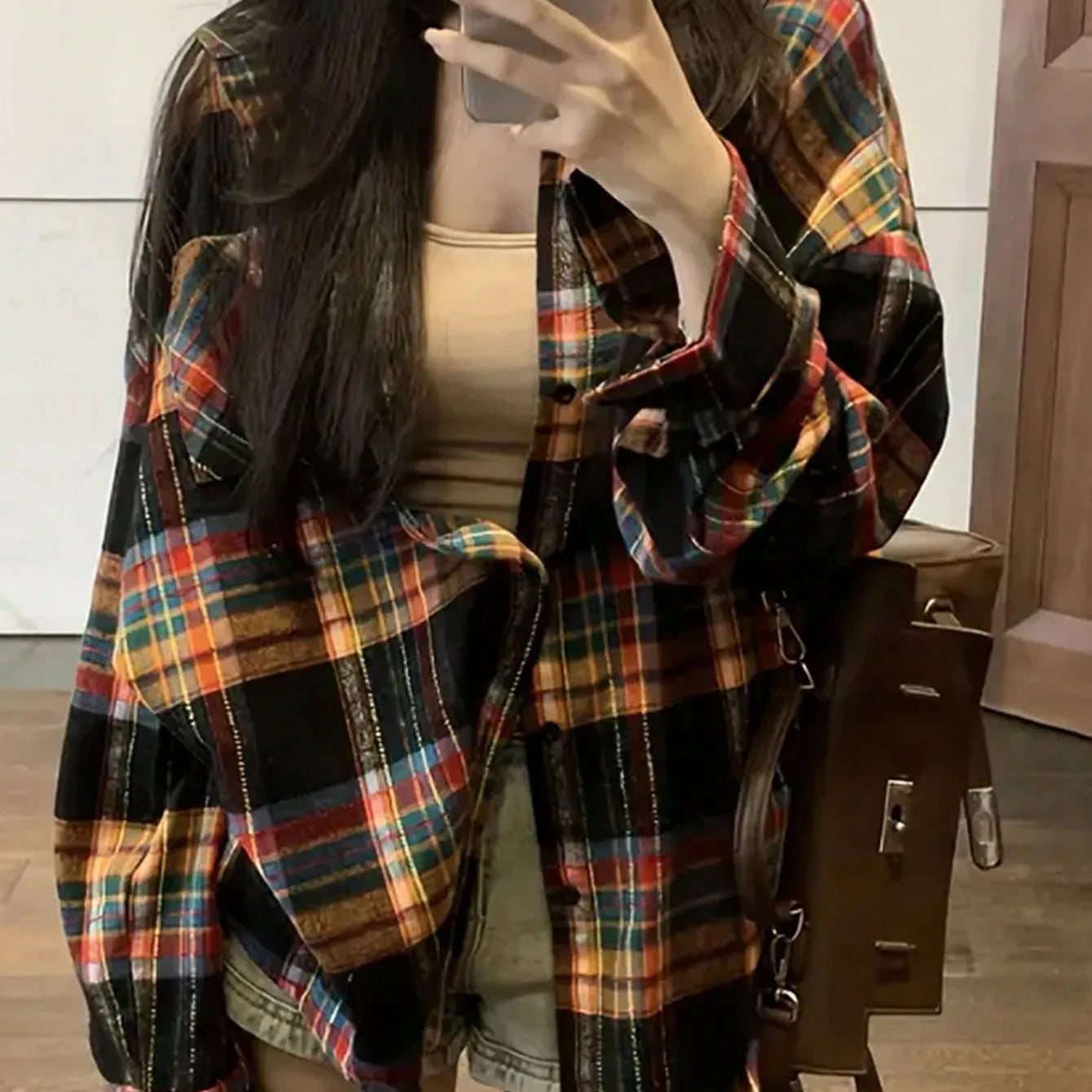 Women's loose fit plaid cotton shirt in black, green or purple colours with long sleeves