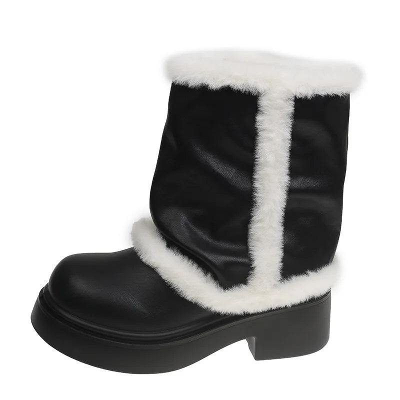Women's winter faux fur lined short boots with thick sole and plush trim in black