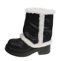 Women's winter faux fur lined short boots with thick sole and plush trim in black