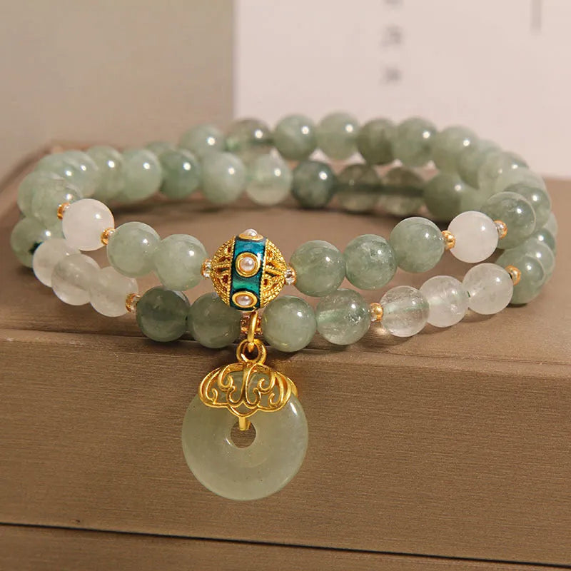 Women's aventurine double-layer jade bracelet with safety buckle closure in emerald green