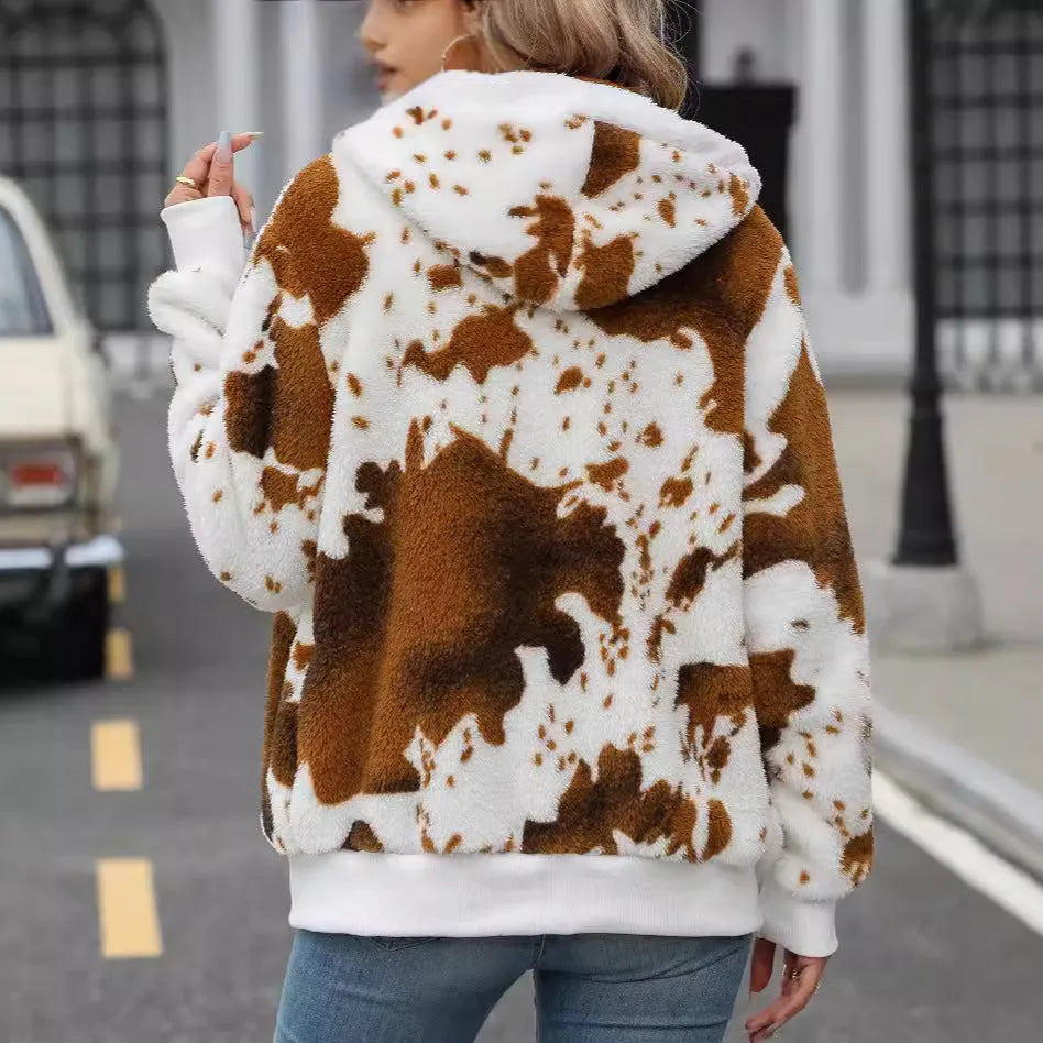 Yellow Brown Cow animal print hooded cardigan jacket with full zip