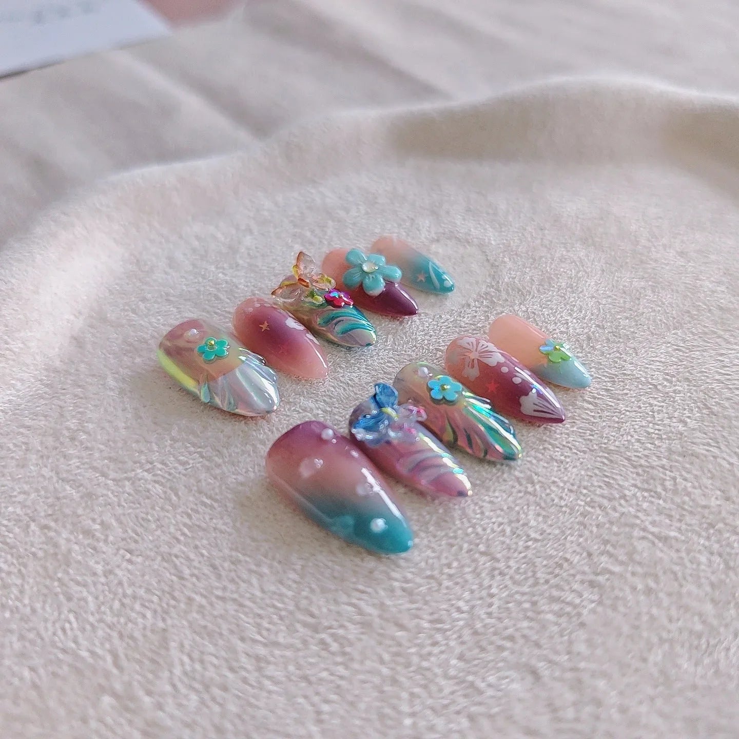 Handmade colourful floral butterfly manicure sculpture with embossed detail in four size options