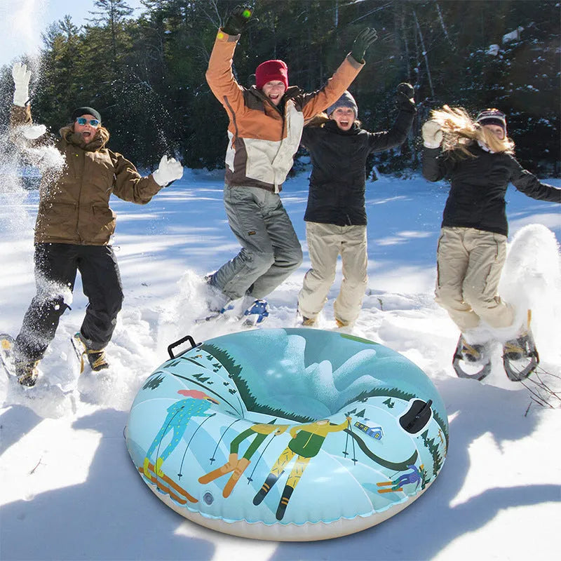 PVC plastic ski ring toy for children in a winter sports printed design, shown in one of three colour options.