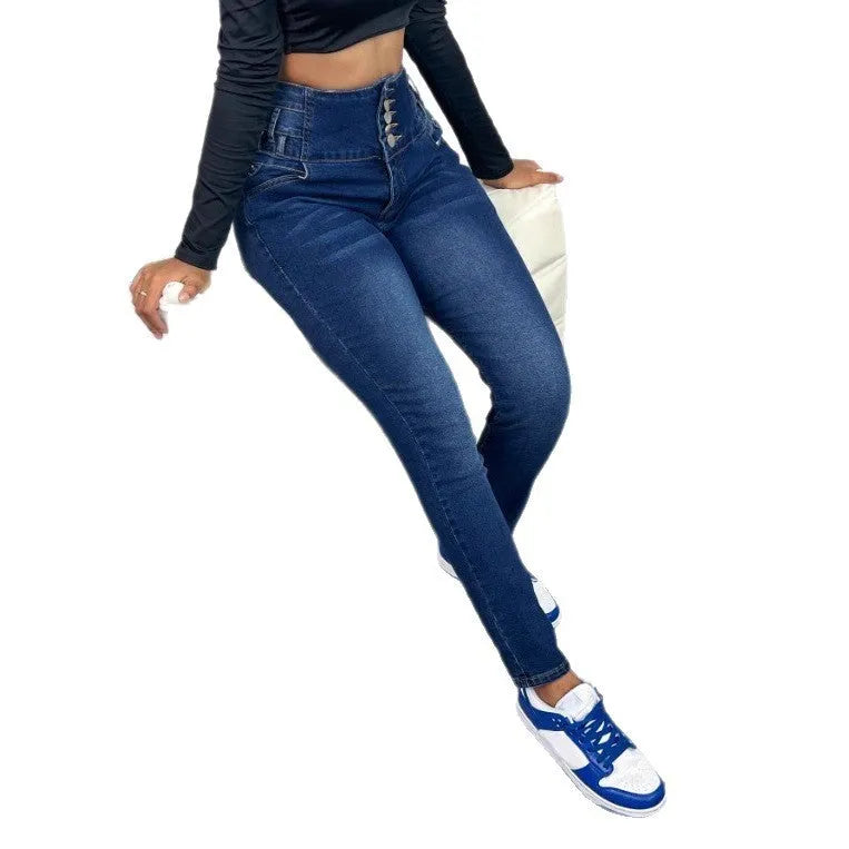 Women's dark blue straight-leg denim trousers with button details and street hipster style