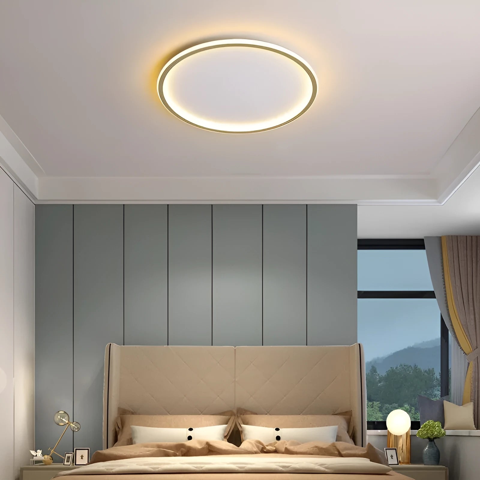 Minimalist circular LED ceiling lamp in black, gold, or white finish with dimming control