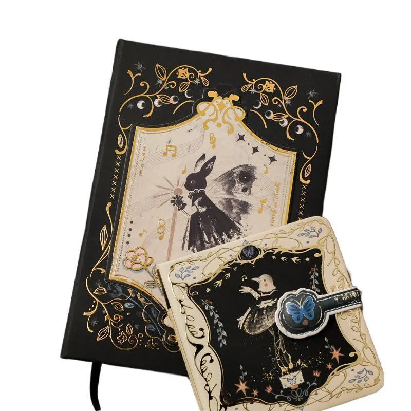 THALO A5 gothic retro art notebook showing three cover design options on wooden surface