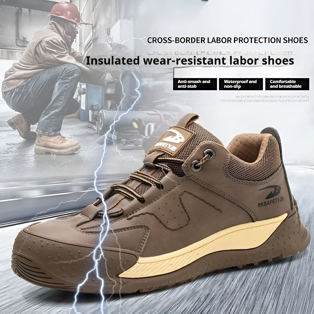 Flyknit safety work shoe with leather upper and rubber sole in black colour
