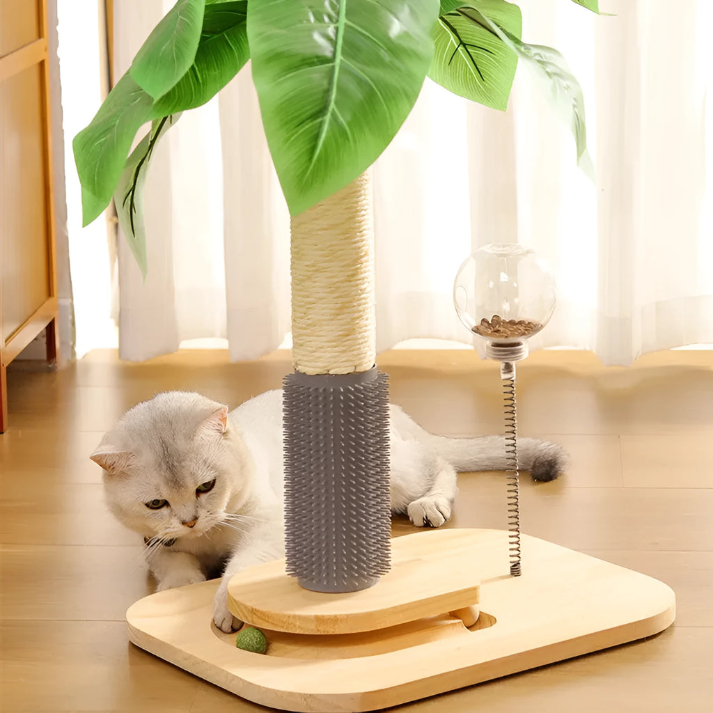 A canna-coloured solid wood cat scratching post with a vertical pole and an integrated food drop ball.