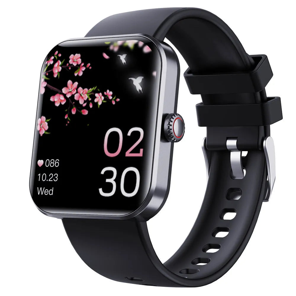 F57L sports watch with heart rate and blood pressure display on IPS touch screen, black silicone strap