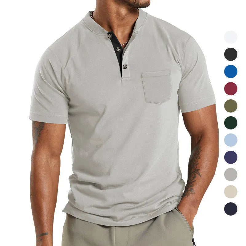 Plus size man wearing a solid colour short sleeve pullover shirt with a button chest pocket.