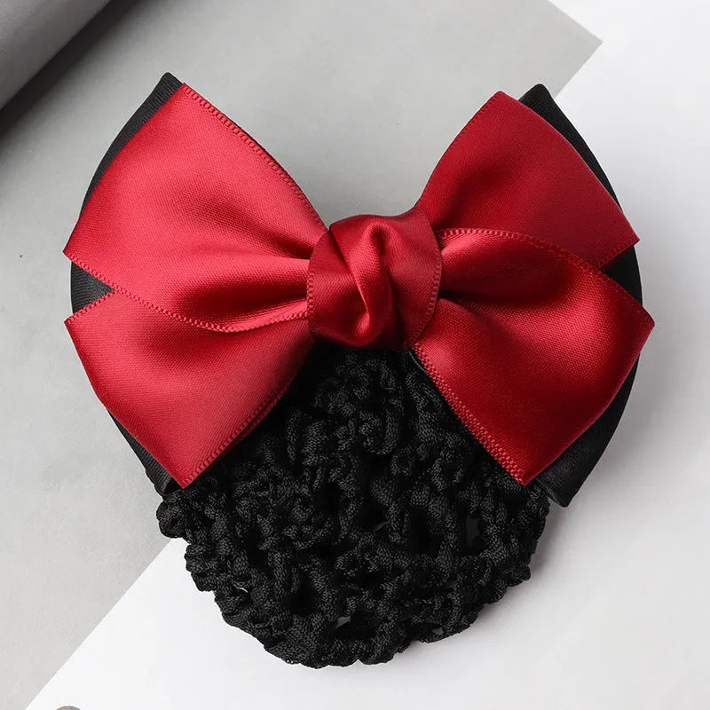 Professional hair clip headdress with flower bow net pocket in multiple colour variations