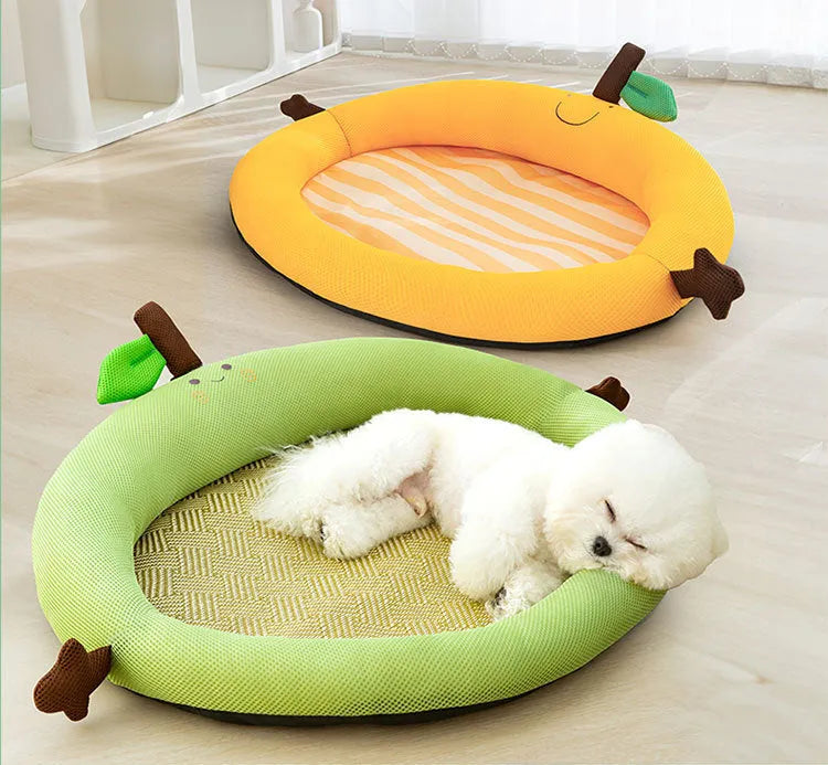 Green fruit backrest pet nest for dogs and cats, shown in a large size.