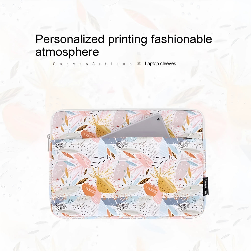White PU leather waterproof laptop inner sleeve for 14-inch devices, shown alongside other size options.