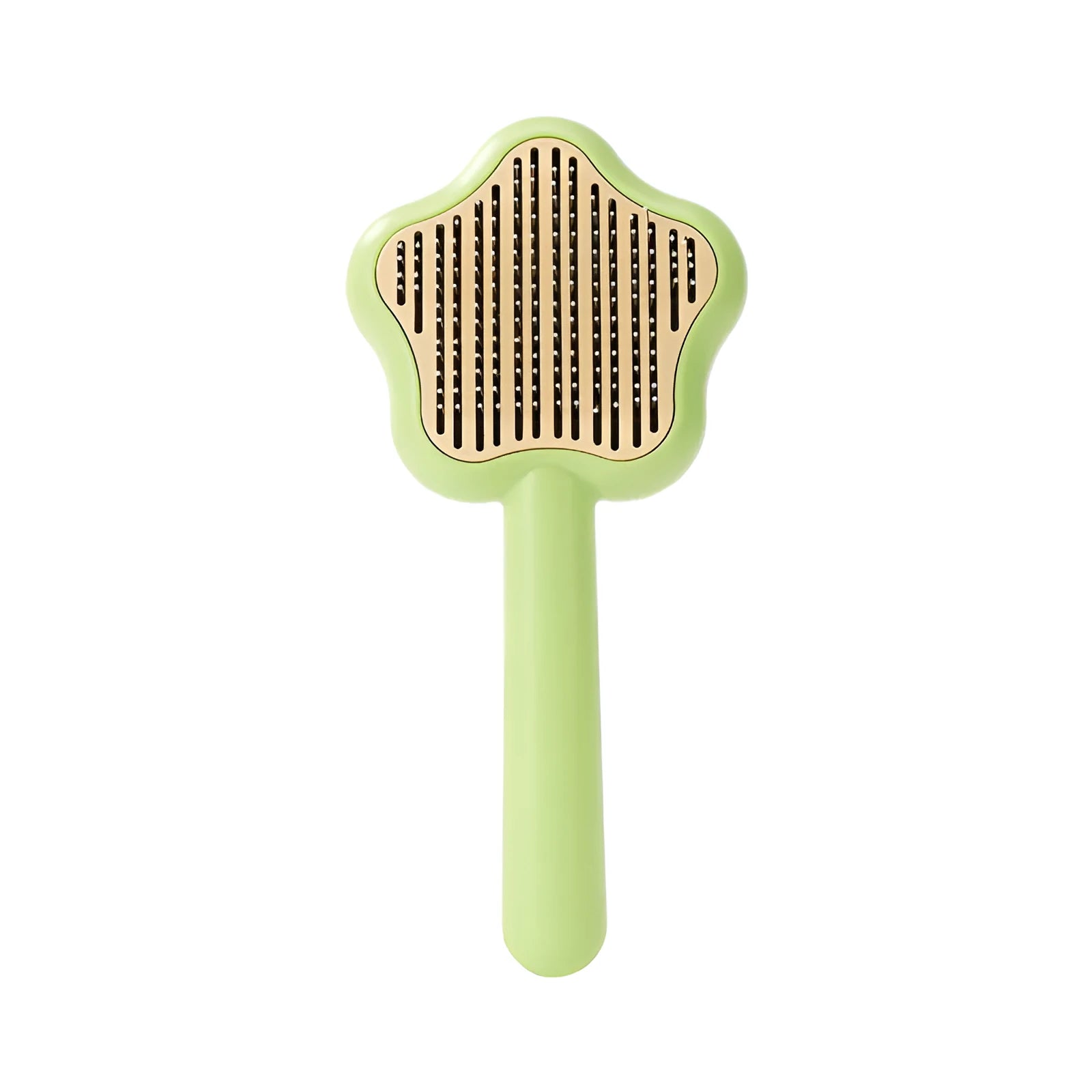 Green self-cleaning cat comb with stainless steel needles and retraction button