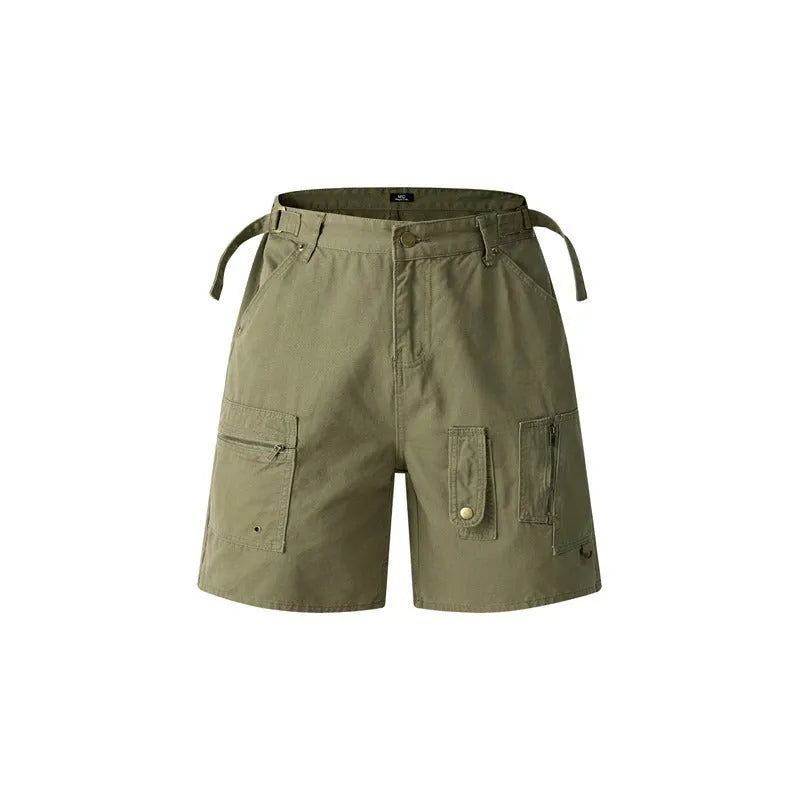 Retro grey washed cotton shorts with a zipper fly and loose fit on a mannequin.